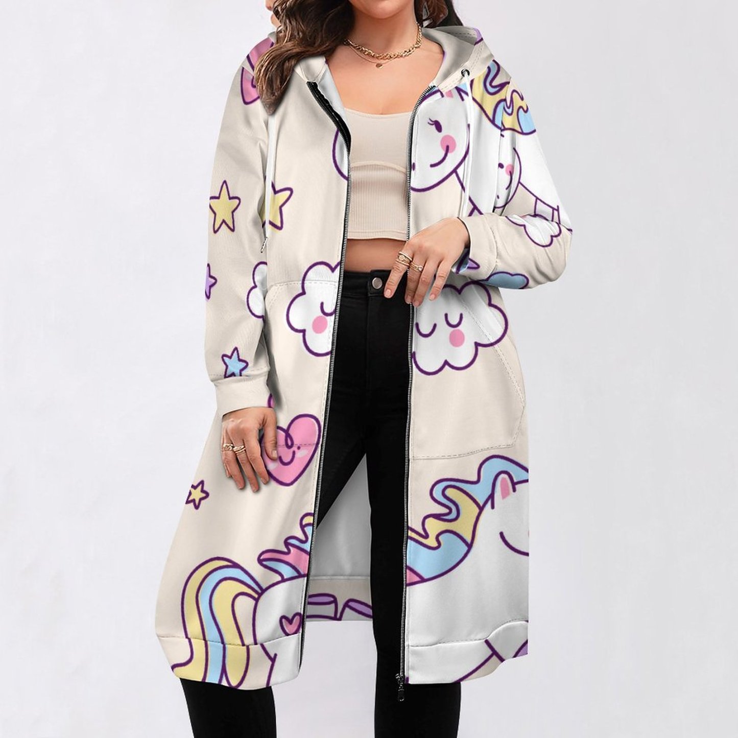 Kawaii Chubby Flying Unicorns Rainbow Zip Up Long Hoodie Jacket Women Tunic Sweatshirt Plus Size Open Front Cardigan Outfits