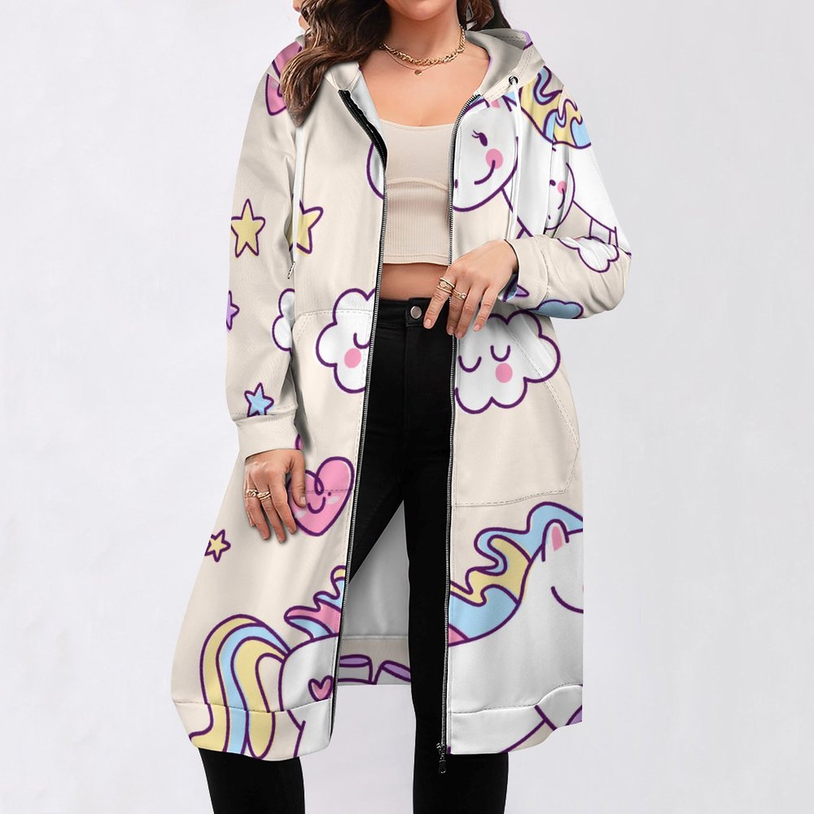 Kawaii Chubby Flying Unicorns Rainbow Zip Up Long Hoodie Jacket Women Tunic Sweatshirt Plus Size Open Front Cardigan Outfits