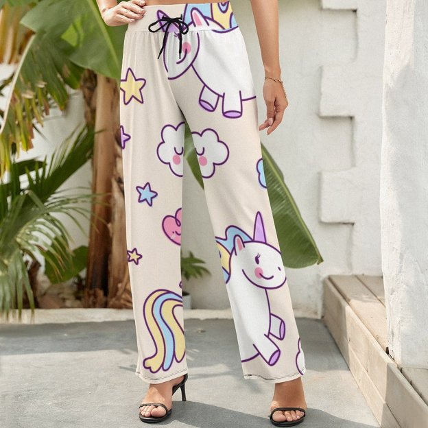 Kawaii Chubby Flying Unicorns Rainbow Printed Women's High Waist Wide Leg Long Palazzo Lounge Pants-Charlylifestyle