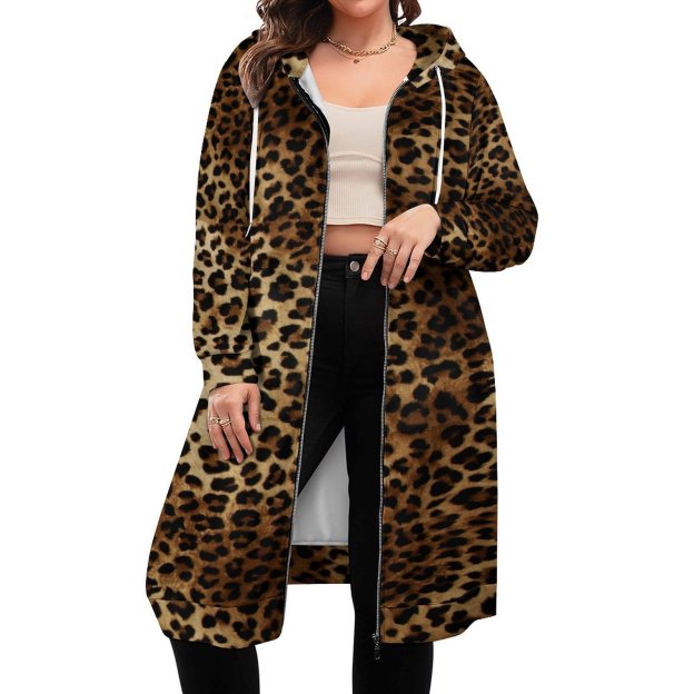 Leopard Spot Animal Print Zip Up Long Hoodie Jacket Coat Women Tunic Sweatshirt Loose Plus Size Open Front Cardigan Outfits