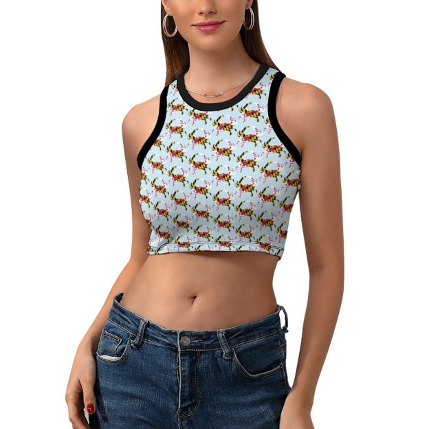 Women Maryland Flag Blue Crab Crew Neck Crop Tank Basic Sleeveless Graphic Hippie Boyfriend Style Tee Tops-Charlylifestyle