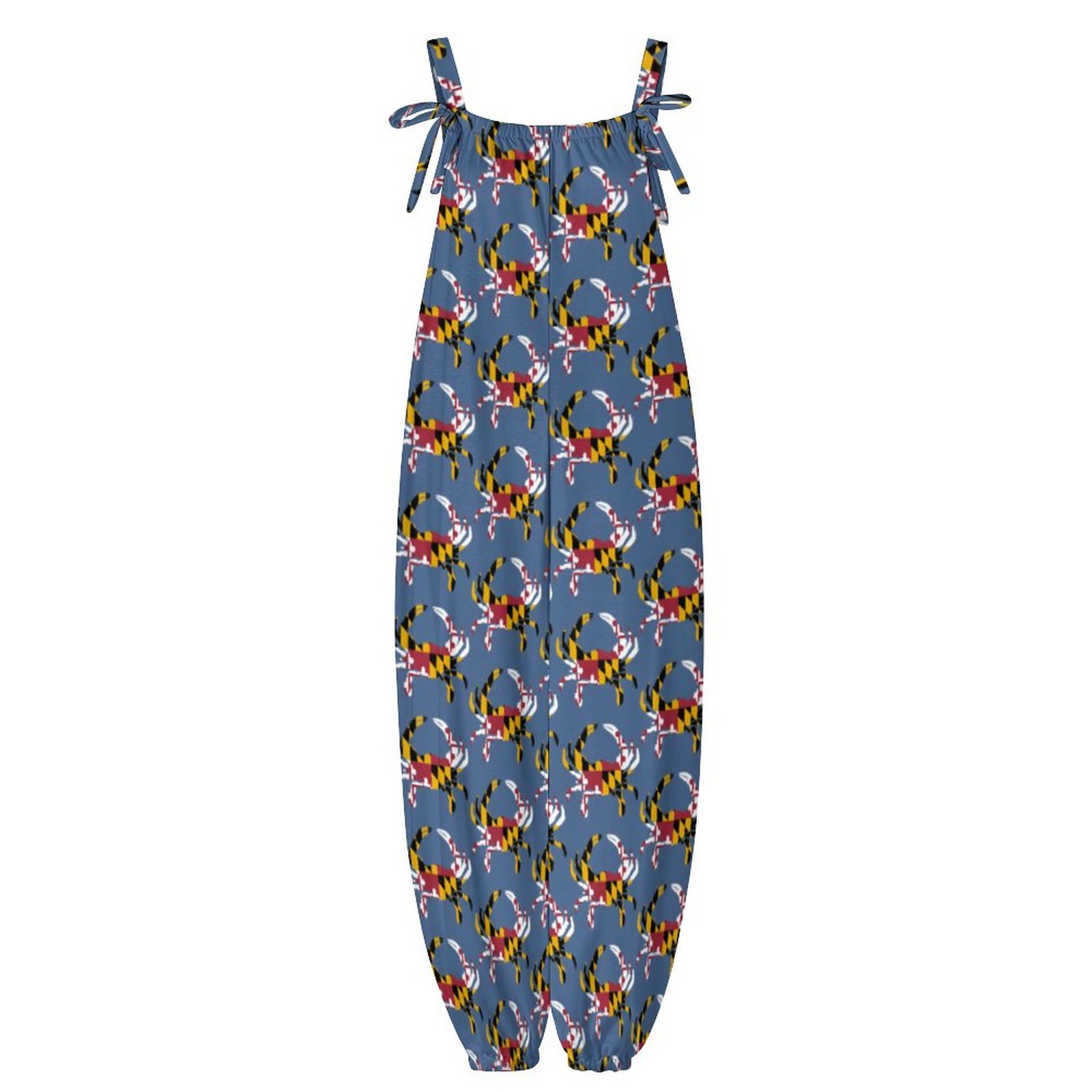 Women Maryland Flag Blue Crab Print Loose Fit Baggy Harem Overall Jumpsuit Tie Spaghetti Strap Casual Long Pants Rompers