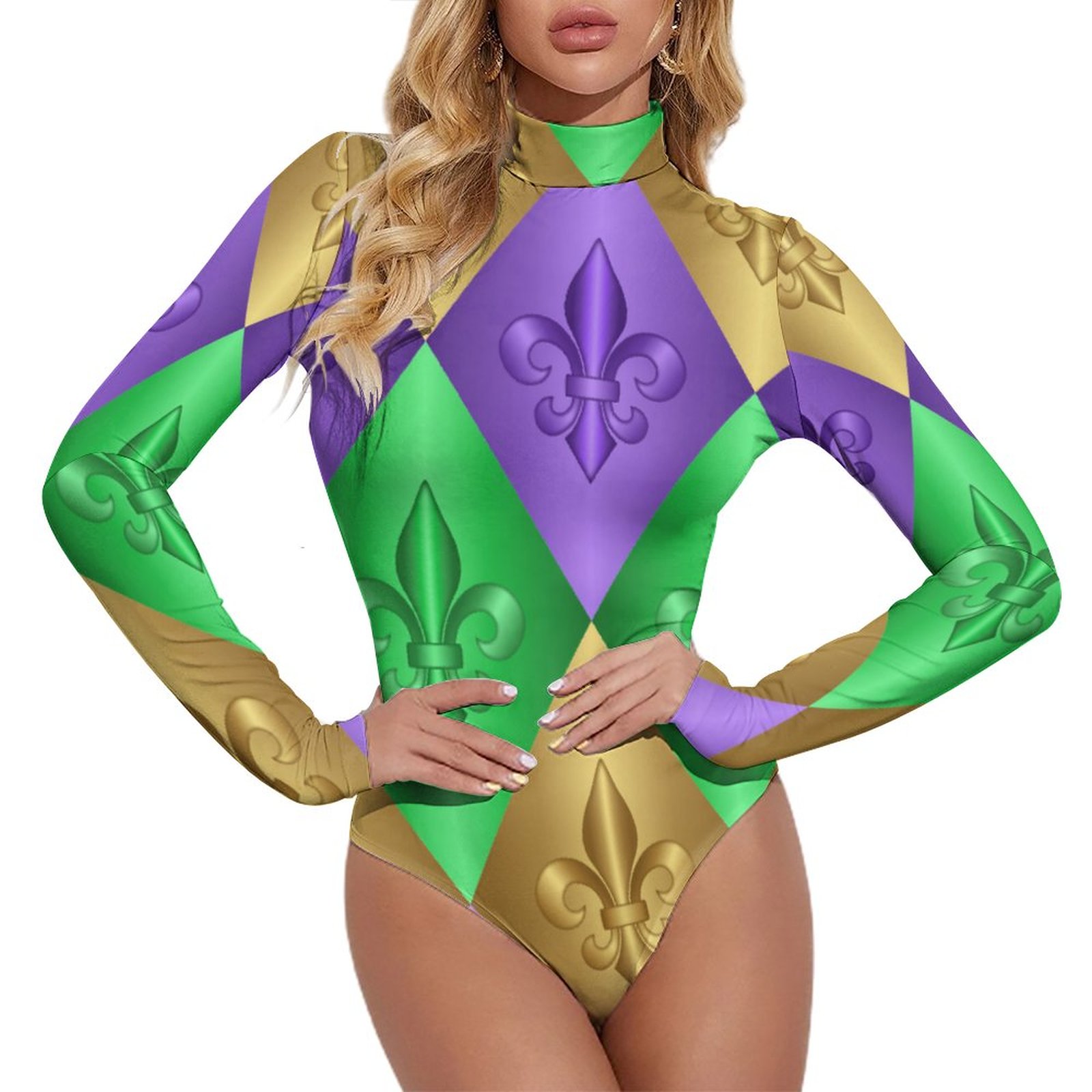 Mardi Gras Harlequin Fleur De Lis Women Mock Turtle Neck Long Sleeve Tops Bodysuit Slim Fit Body Suit Basic T Shirts Jumpsuit