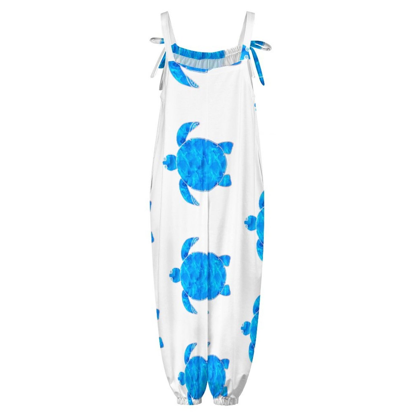 Women Ocean Blue Turtle Print Loose Fit Baggy Harem Overall Jumpsuit Tie Spaghetti Strap Casual Long Pants Rompers