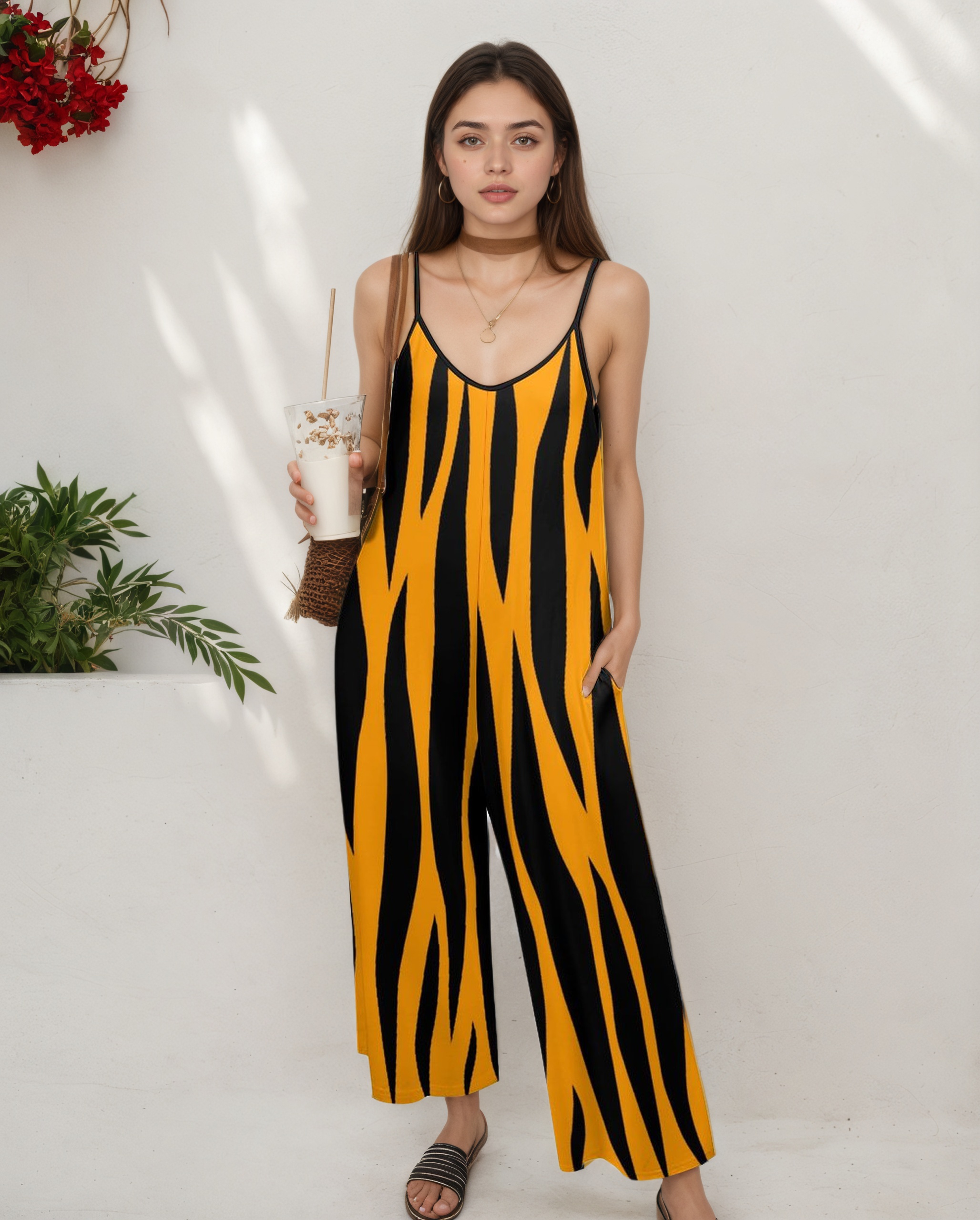 Summer Bohemia Orange Tiger Stripes Sleeveless Spaghetti Strap Tube Jumpsuits Women Long Wide Leg Romper Pant