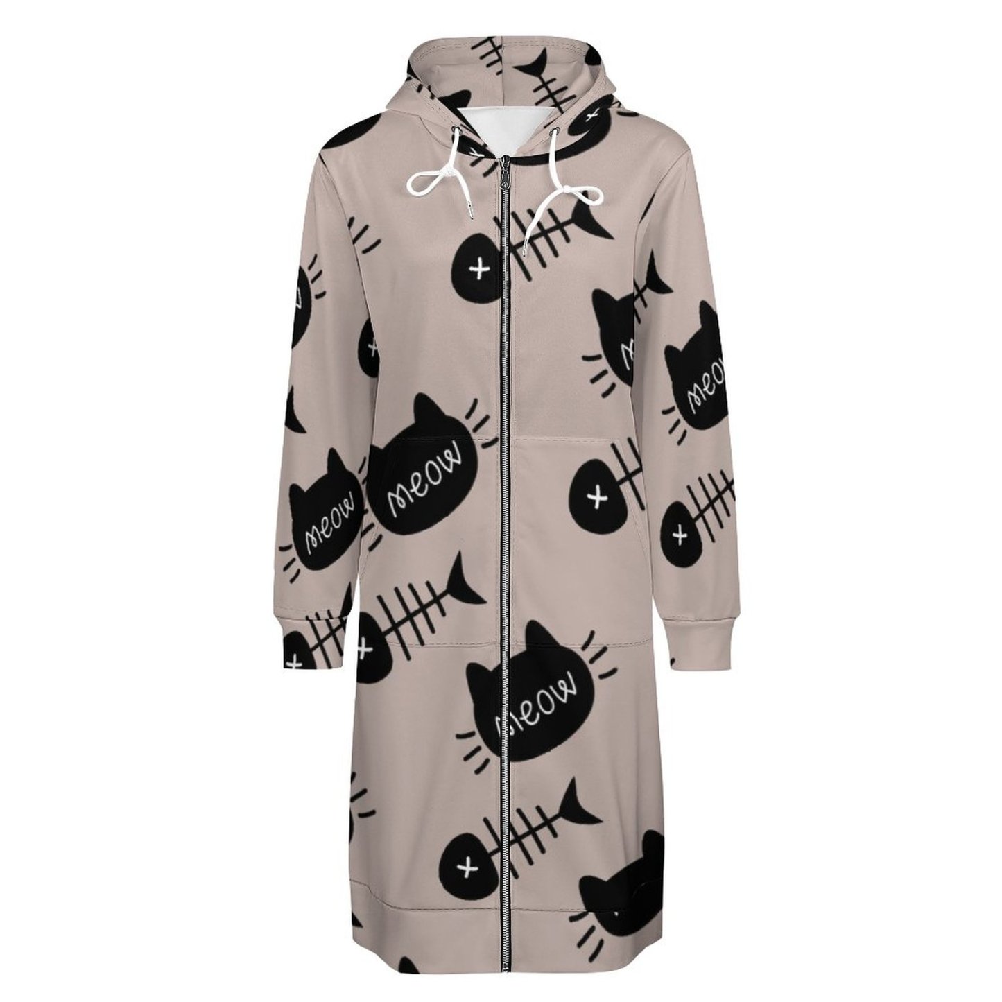 Meow Black Cat Face Fishbone Zip Up Long Hoodie Jacket Coat Women Tunic Sweatshirt Plus Size Open Front Cardigan Outfits