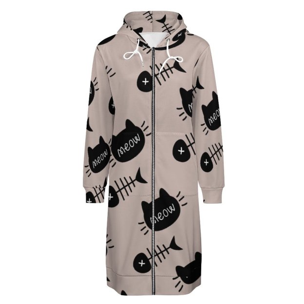 Meow Black Cat Face Fishbone Zip Up Long Hoodie Jacket Coat Women Tunic Sweatshirt Plus Size Open Front Cardigan Outfits