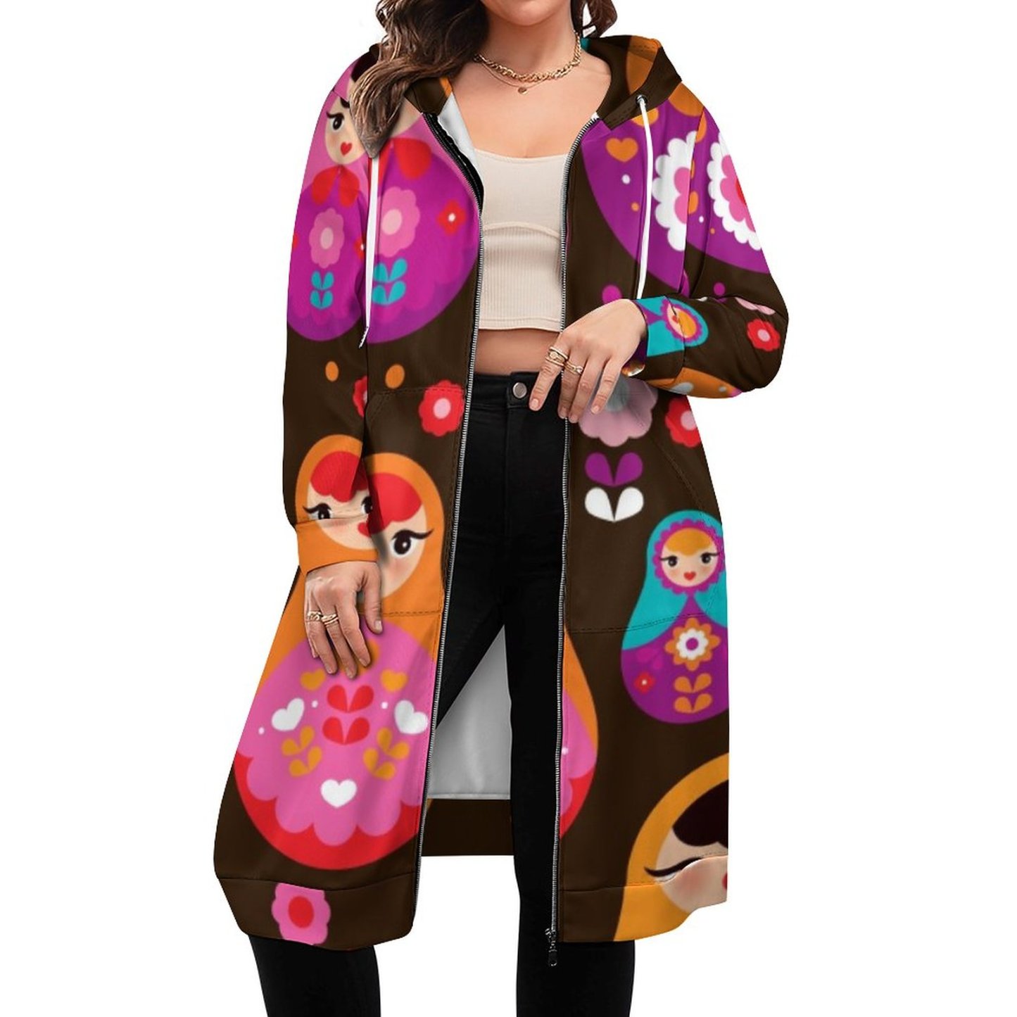 Matryoshka Russian Doll Zip Up Long Hoodie Jacket Coat Women Tunic Sweatshirt Loose Plus Size Open Front Cardigan Outfits