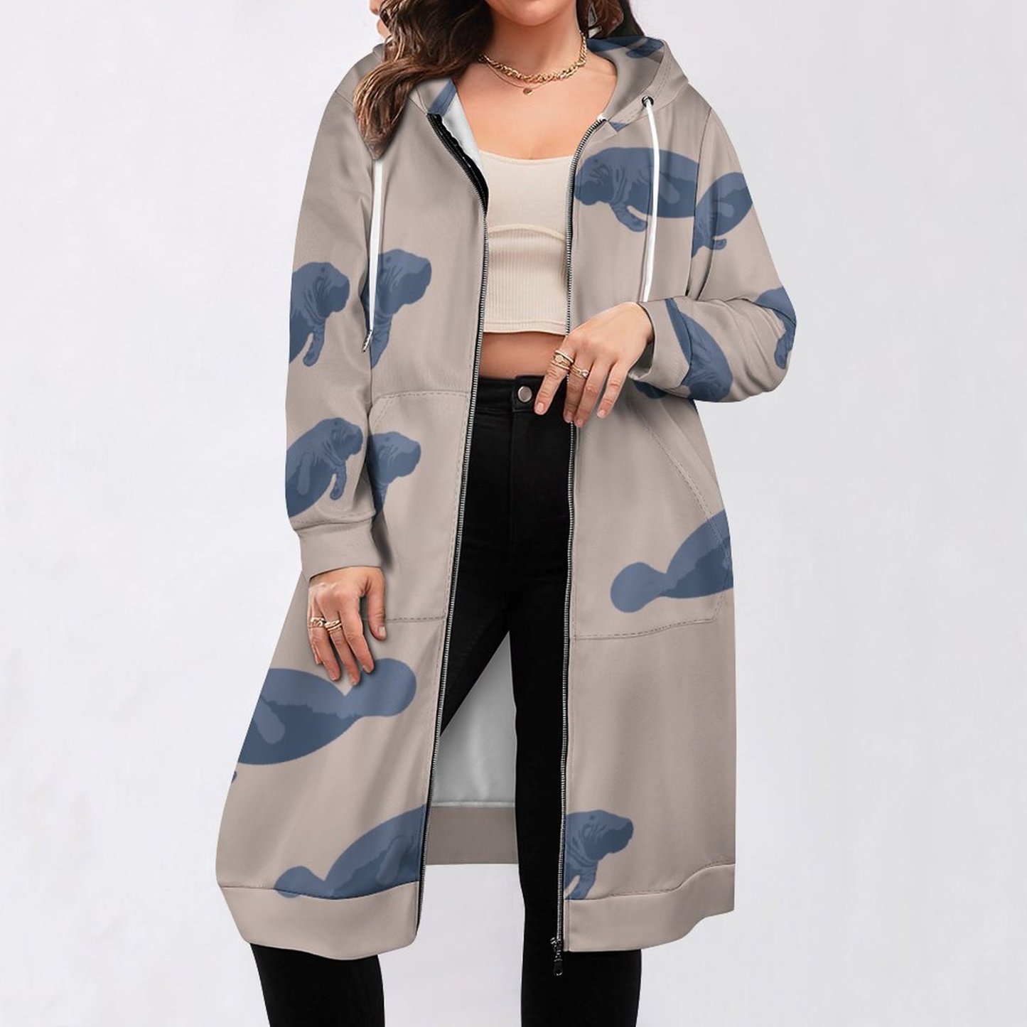 Manatee Nature Animal Zip Up Long Hoodie Jacket Coat Women Tunic Sweatshirt Loose Plus Size Open Front Cardigan Outfits
