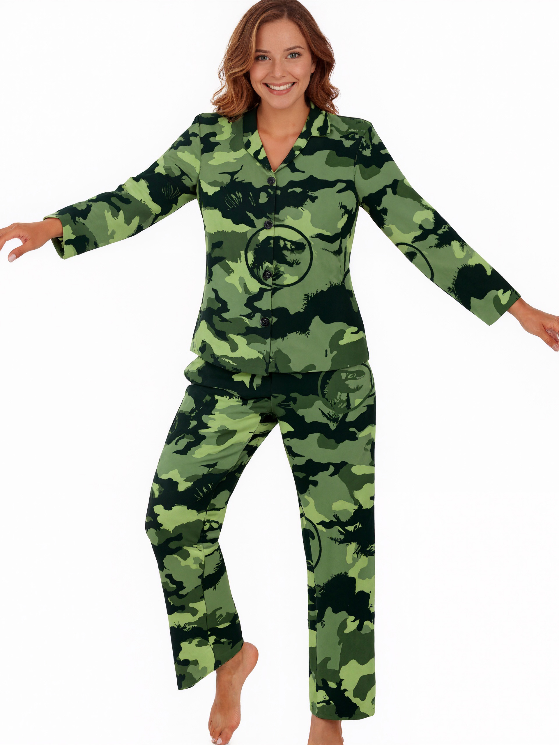 Jurassic World Green Dinosaur Camo Women Long Sleeve Two Piece Sleepwear Soft Button Front Loungewear Pjs Set Nightwear