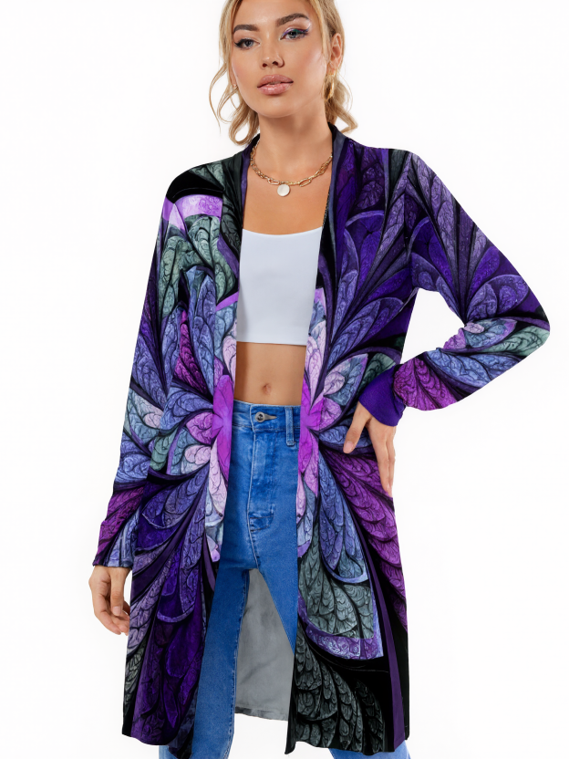 S-2Xl Modern Abstract Purple Stained Glass Open Front Cardigans Women Long Sleeve Lightweight Midi Duster Cardigan