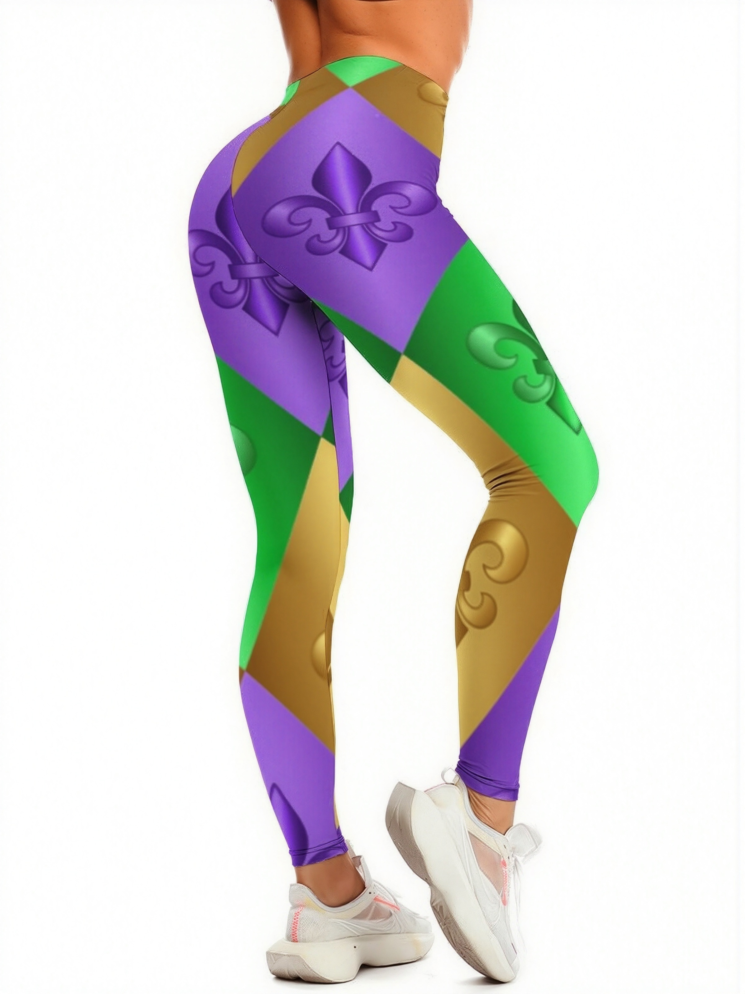 Mardi Gras Harlequin Fleur De Lis Printed Womens High Waist Workout Leggings Wide Waistband Sports Thin Fit Gym Yoga Pants