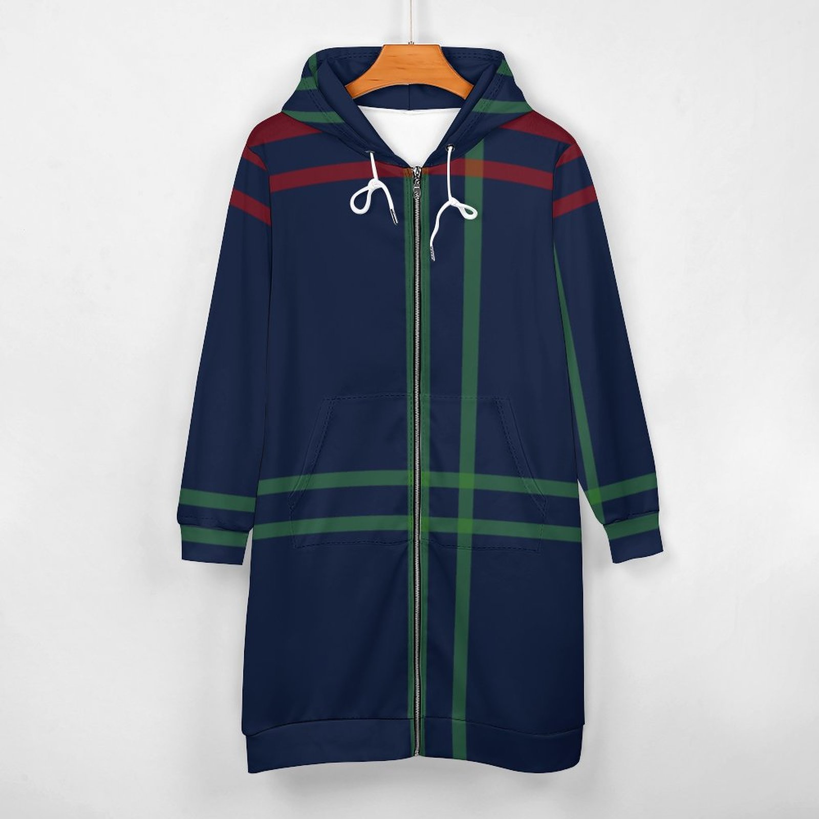 Lynch Clan Tartan Navy Blue Plaid Zip Up Long Hoodie Jacket Women Tunic Sweatshirt Plus Size Open Front Cardigan Outfits
