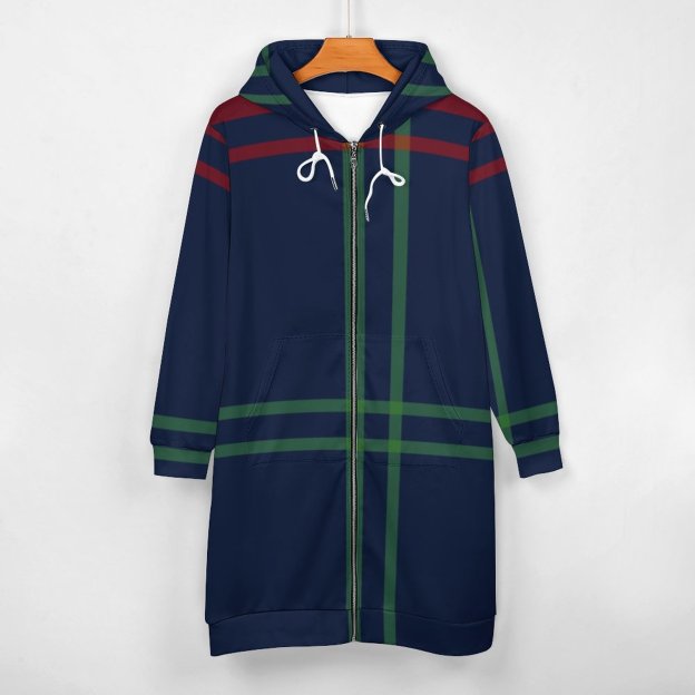 Lynch Clan Tartan Navy Blue Plaid Zip Up Long Hoodie Jacket Women Tunic Sweatshirt Plus Size Open Front Cardigan Outfits