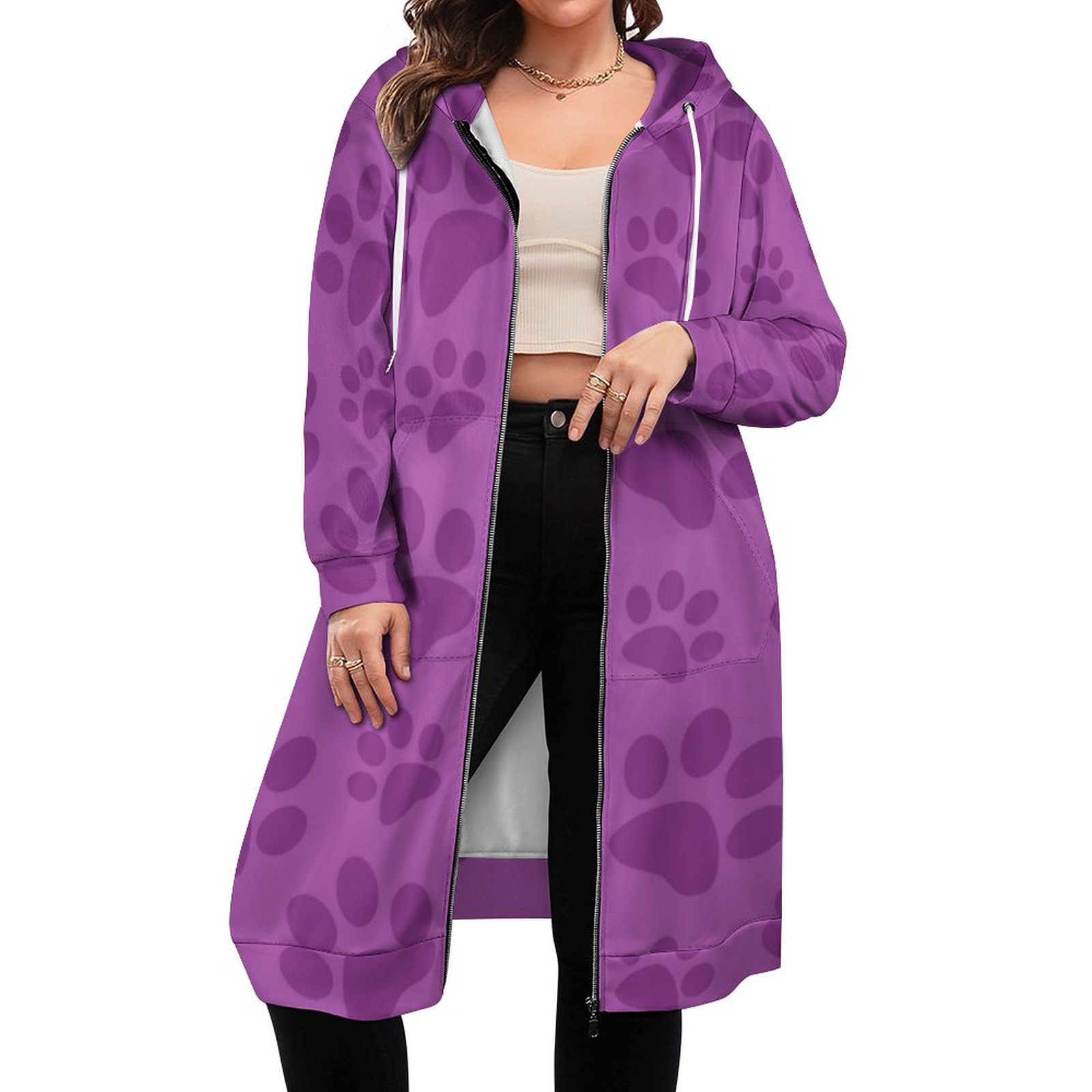 Lilac Purple Dog Paw Print Zip Up Long Hoodie Jacket Coat Women Tunic Sweatshirt Loose Plus Size Open Front Cardigan Outfits