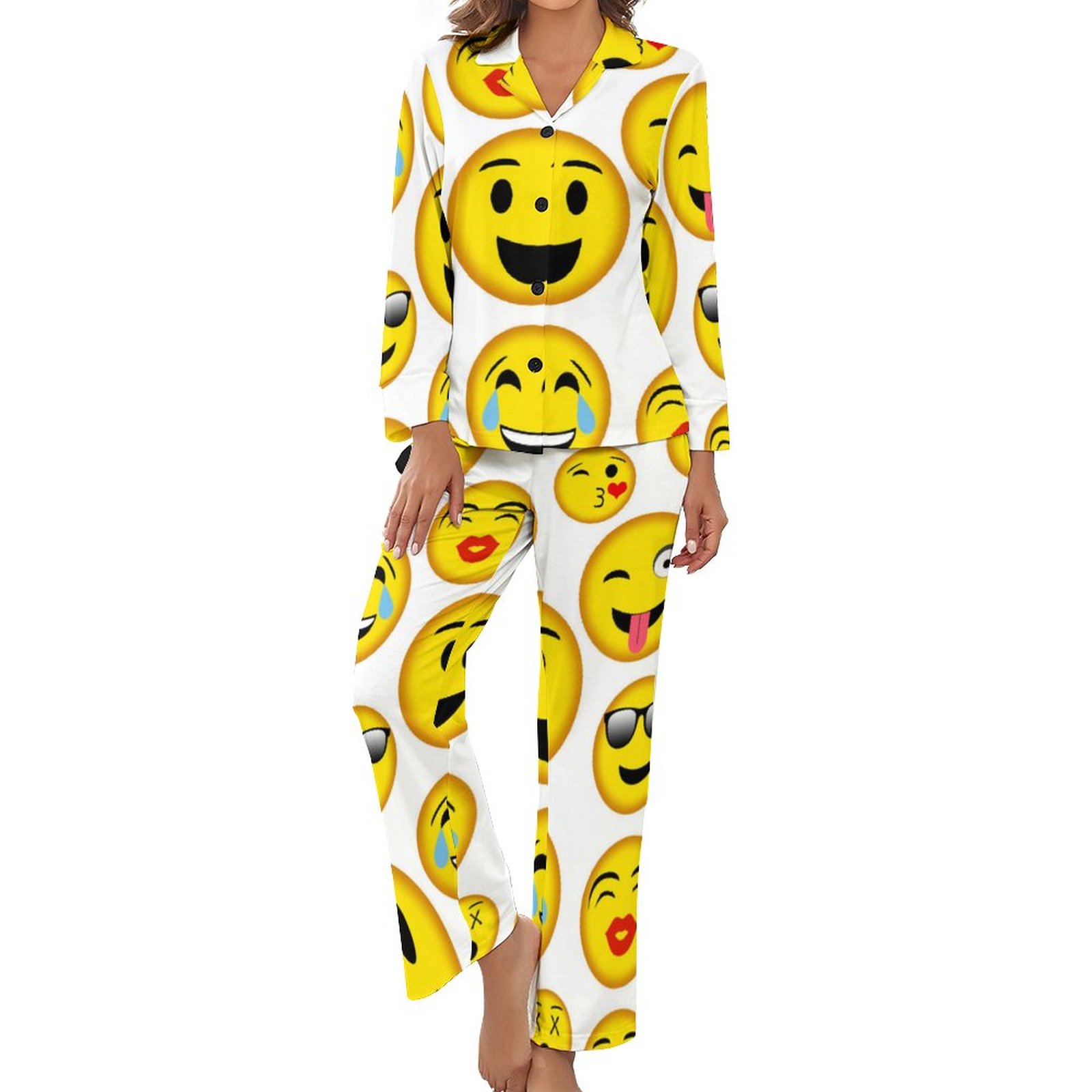 Funny Vintage Mixed Emoji Women Long Sleeve Two Piece Sleepwear Soft B