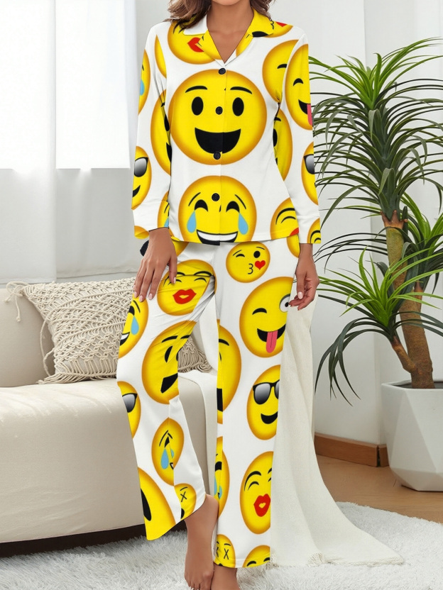 Funny Vintage Mixed Emoji Women Long Sleeve Two Piece Sleepwear Soft Button Down Loungewear Pjs Set Nightwear