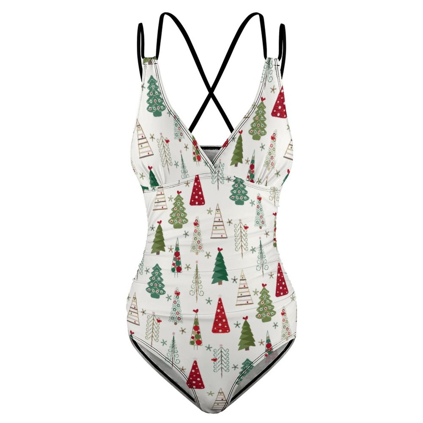 Modern Minimalist Christmas Tree Halter Backless Ruched One-Piece Swimsuit Tummy Control V Neck Bathing Suits