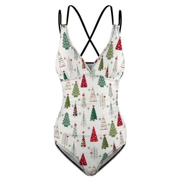 Modern Minimalist Christmas Tree Halter Backless Ruched One-Piece Swimsuit Tummy Control V Neck Bathing Suits