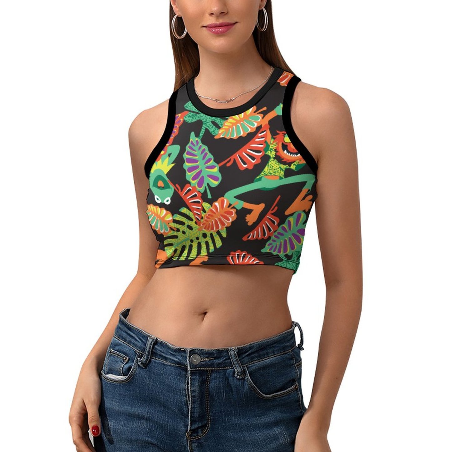 Summer Muppets Tropical Kermit Animal Women's Sexy Sleeveless Racer Back Tank Tops Halter Neck Crop Tops-Charlylifestyle