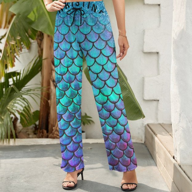 S-2XL Mermaid Fish Scale Women's High Waist Wide Leg Long Palazzo Lounge Pants-Charlylifestyle
