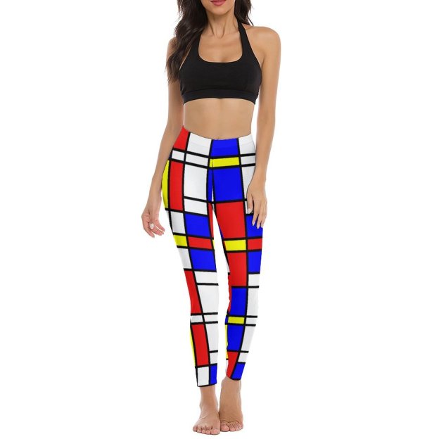 Initials Piet Mondrian Style Modern Art Printed Womens High Waist Workout Leggings Thin Fit Gym Yoga Pants