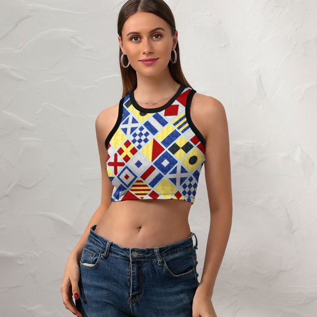 Women Mariners Watercolor Nautical Flags Crew Neck Crop Tank Basic Sleeveless Graphic Tee Tops-Charlylifestyle