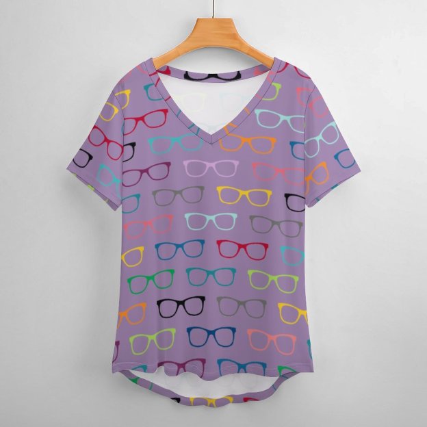 S-4XL Multi Color Eyeglasses Women T Shirts Basic V-Neck Tee Loose Vintage Fitting Oversize Short Sleeve Tops-Charlylifestyle
