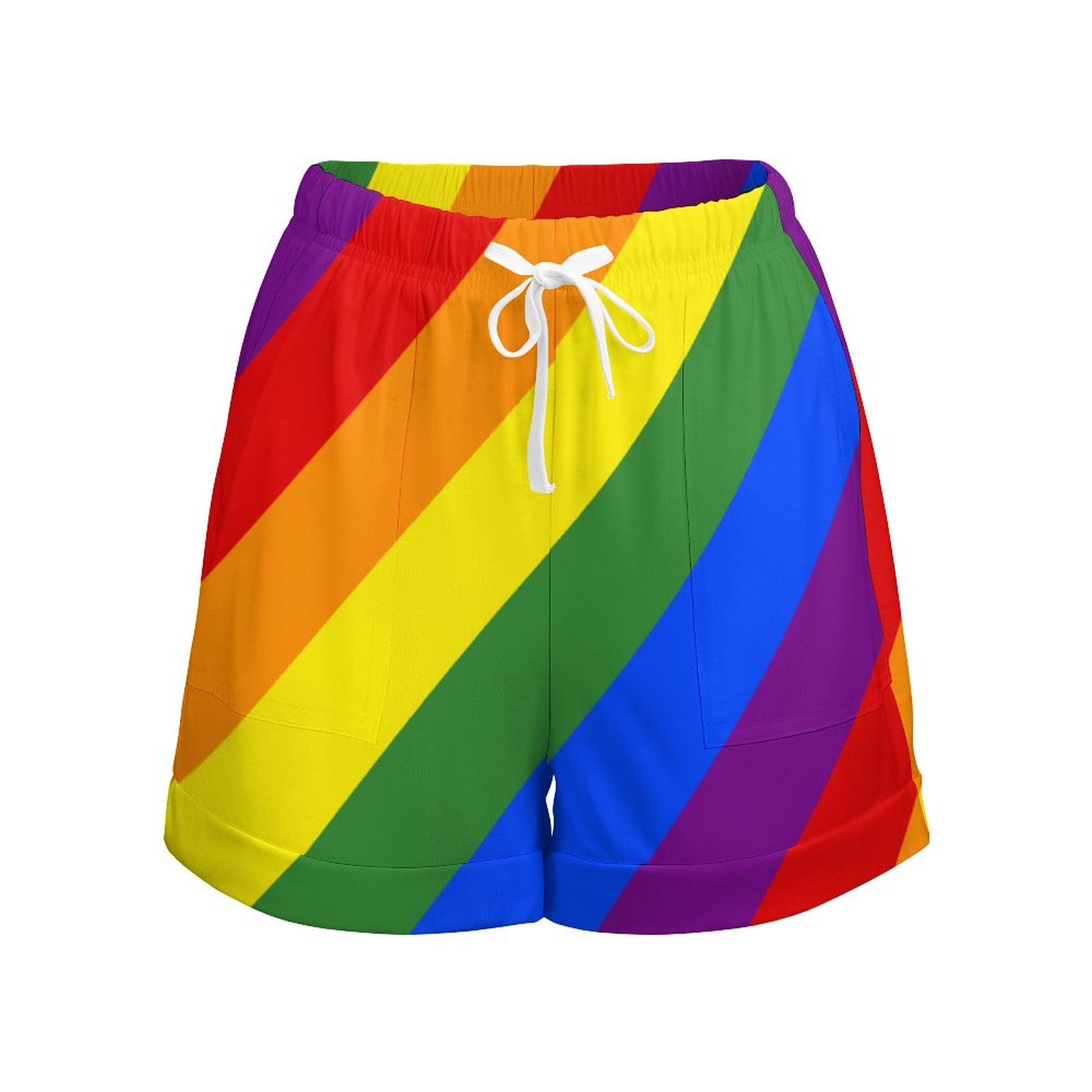 Lgbt Pride Diagonal Rainbow Stripe Women Comfy Drawstring Casual Elastic Waist Shorts Hiking Outdoor Pocketed Shorts