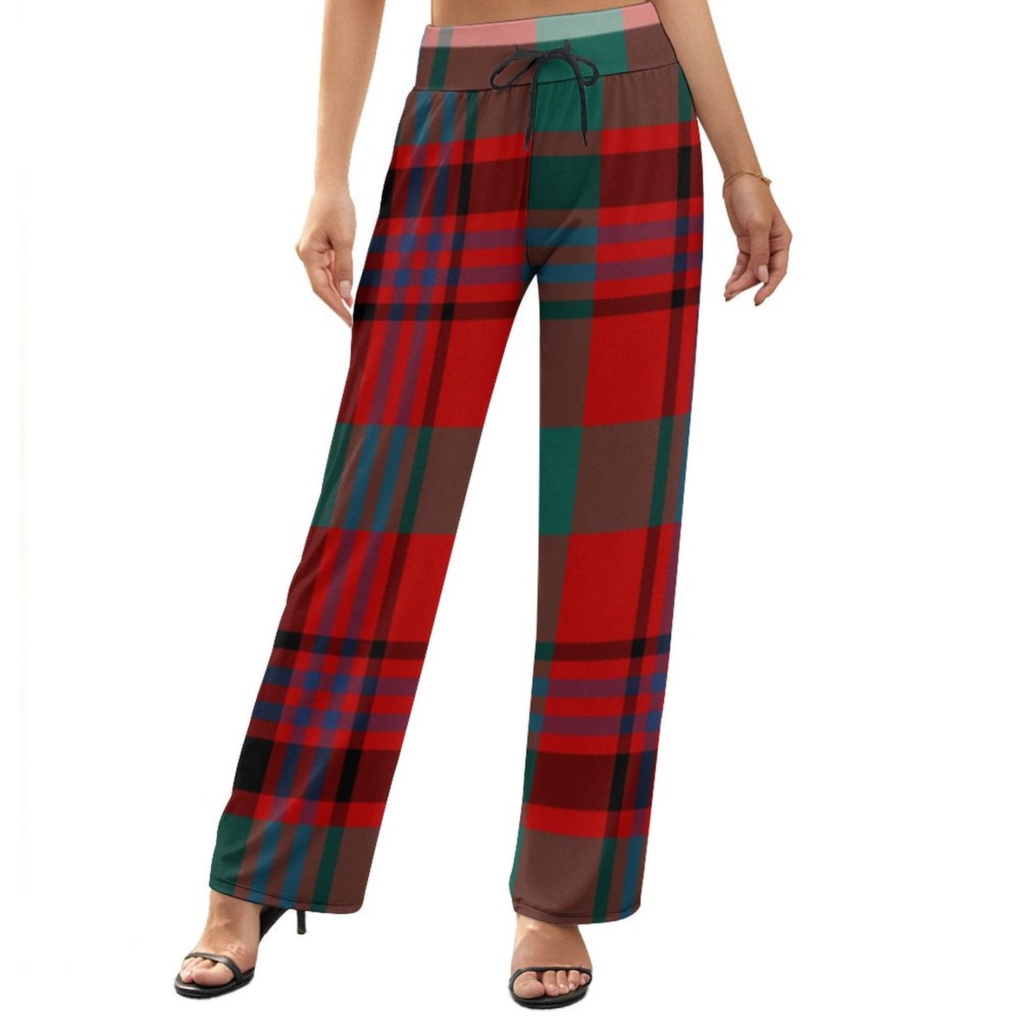 Maguire Tartan Red And Green Plaid Printed Women's High Waist Wide Leg Long Palazzo Lounge Pants-Charlylifestyle