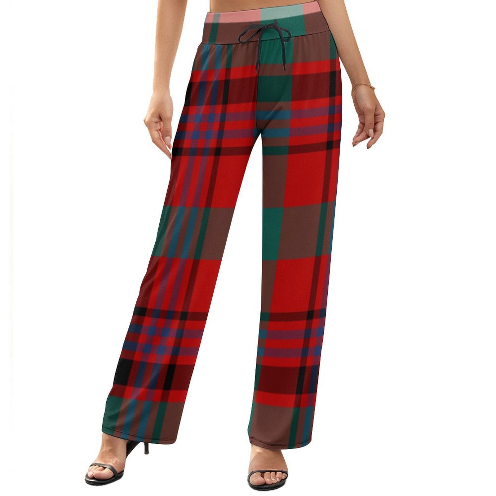 Maguire Tartan Red And Green Plaid Printed Women's High Waist Wide Leg Long Palazzo Lounge Pants-Charlylifestyle