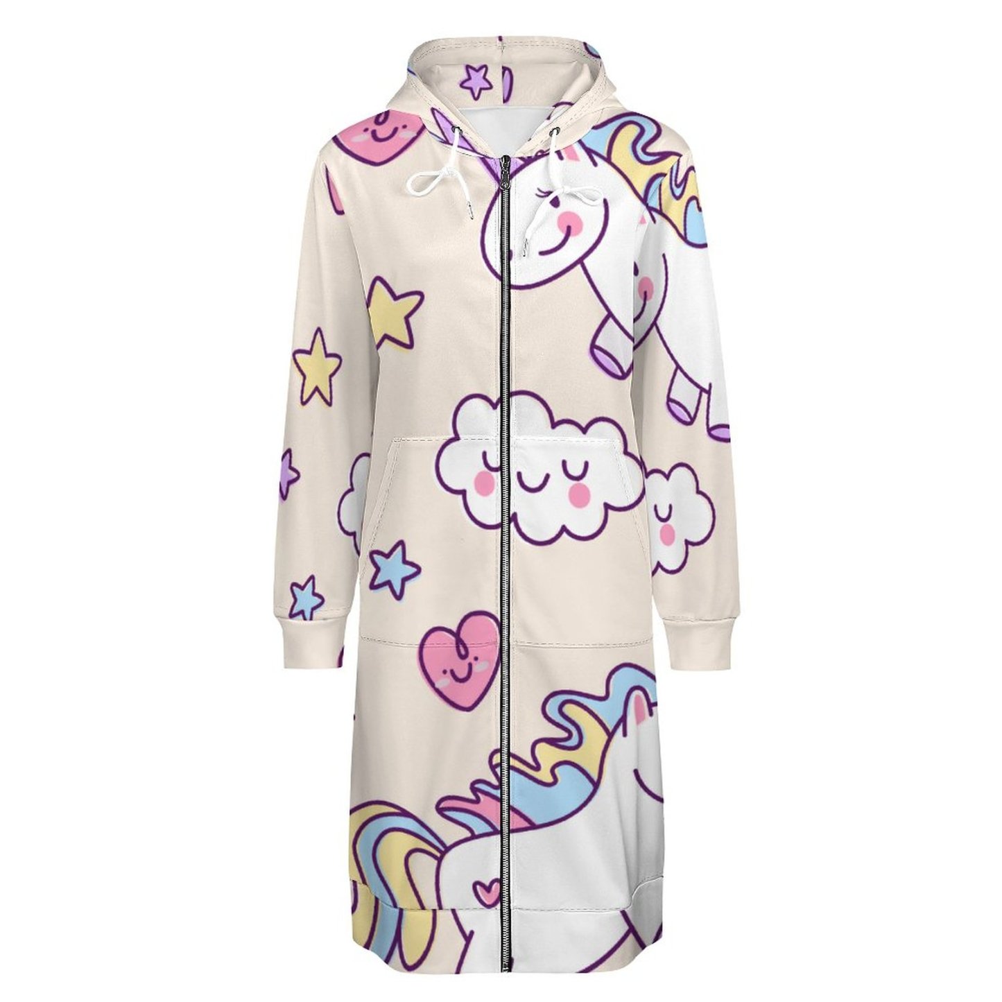 Kawaii Chubby Flying Unicorns Rainbow Zip Up Long Hoodie Jacket Women Tunic Sweatshirt Plus Size Open Front Cardigan Outfits