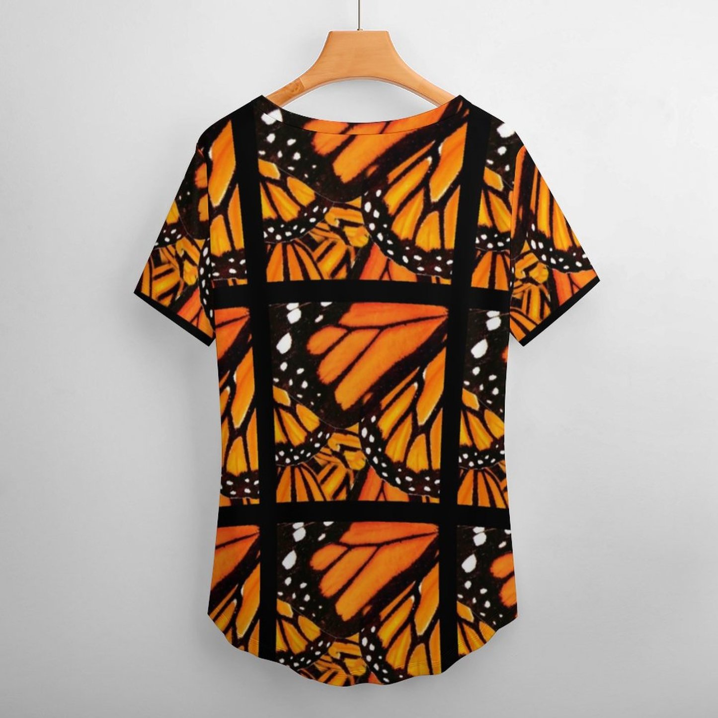 Orange Black Monarch Butterfly Wing Womens Summer Casual T Shirts Boho Full Print Short Sleeve Loose Hippie Tunic Tops-Charlylifestyle