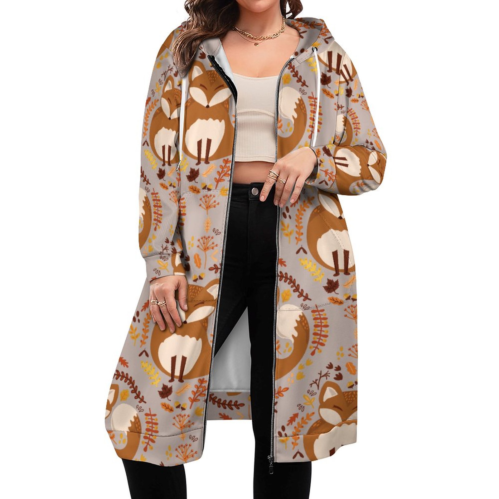 Kids Cute Woodland Fox Zip Up Long Hoodie Jacket Coat Women Tunic Sweatshirt Loose Plus Size Open Front Cardigan Outfits
