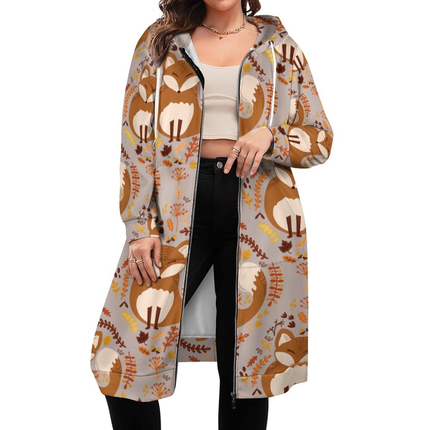 Kids Cute Woodland Fox Zip Up Long Hoodie Jacket Coat Women Tunic Sweatshirt Loose Plus Size Open Front Cardigan Outfits
