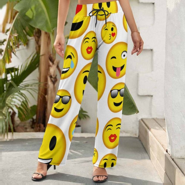 Funny Vintage Mixed Emoji Printed Women Casual Elastic Waist Wide Leg Pants Trousers-Charlylifestyle