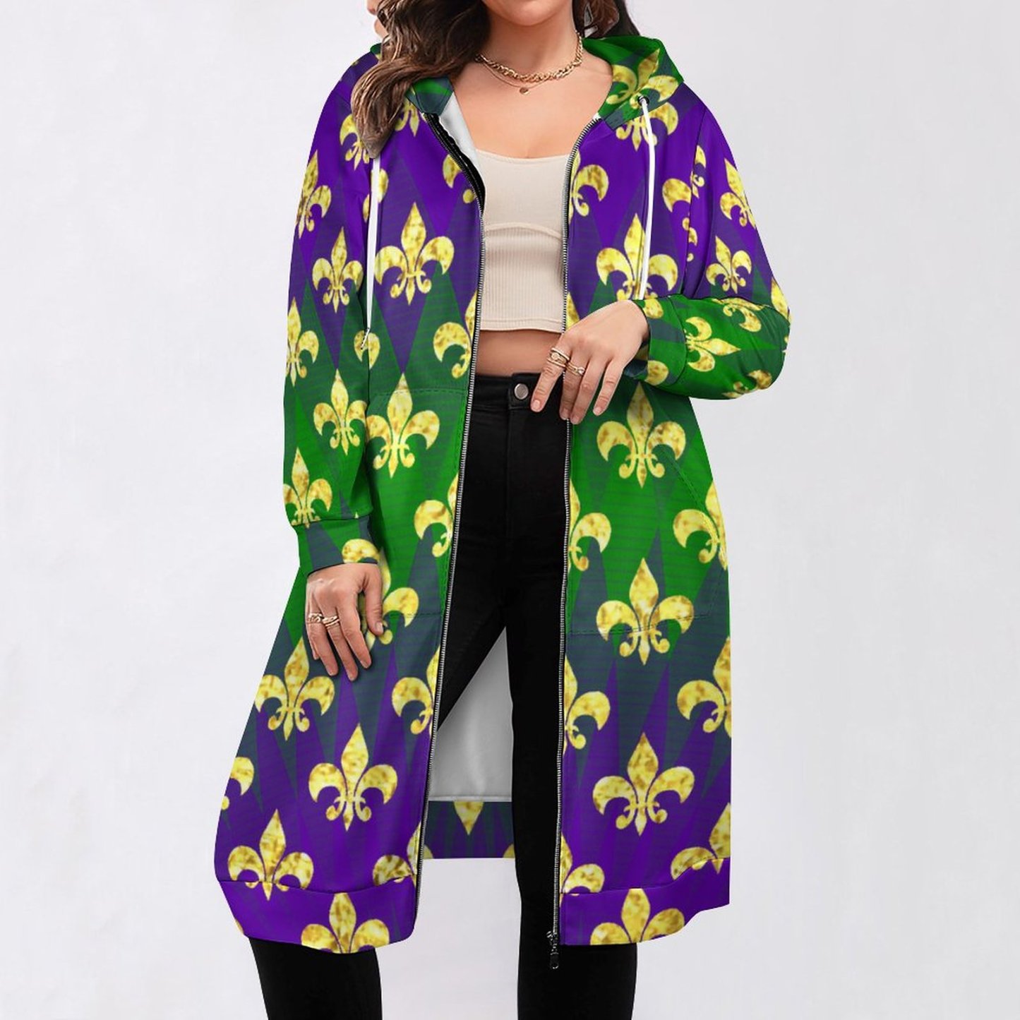 Funny Mardi Gras Pattern Zip Up Long Hoodie Jacket Coat Women Tunic Sweatshirt Loose Plus Size Open Front Cardigan Outfits