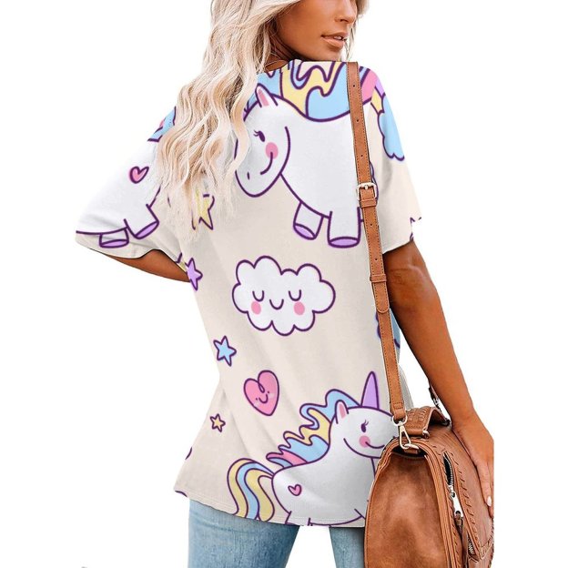 Kawaii Chubby Flying Unicorns Rainbow Womens Summer Full Print Short Sleeve Loose Hippie Tunic Tops - Personalized Unicorns T-shirt