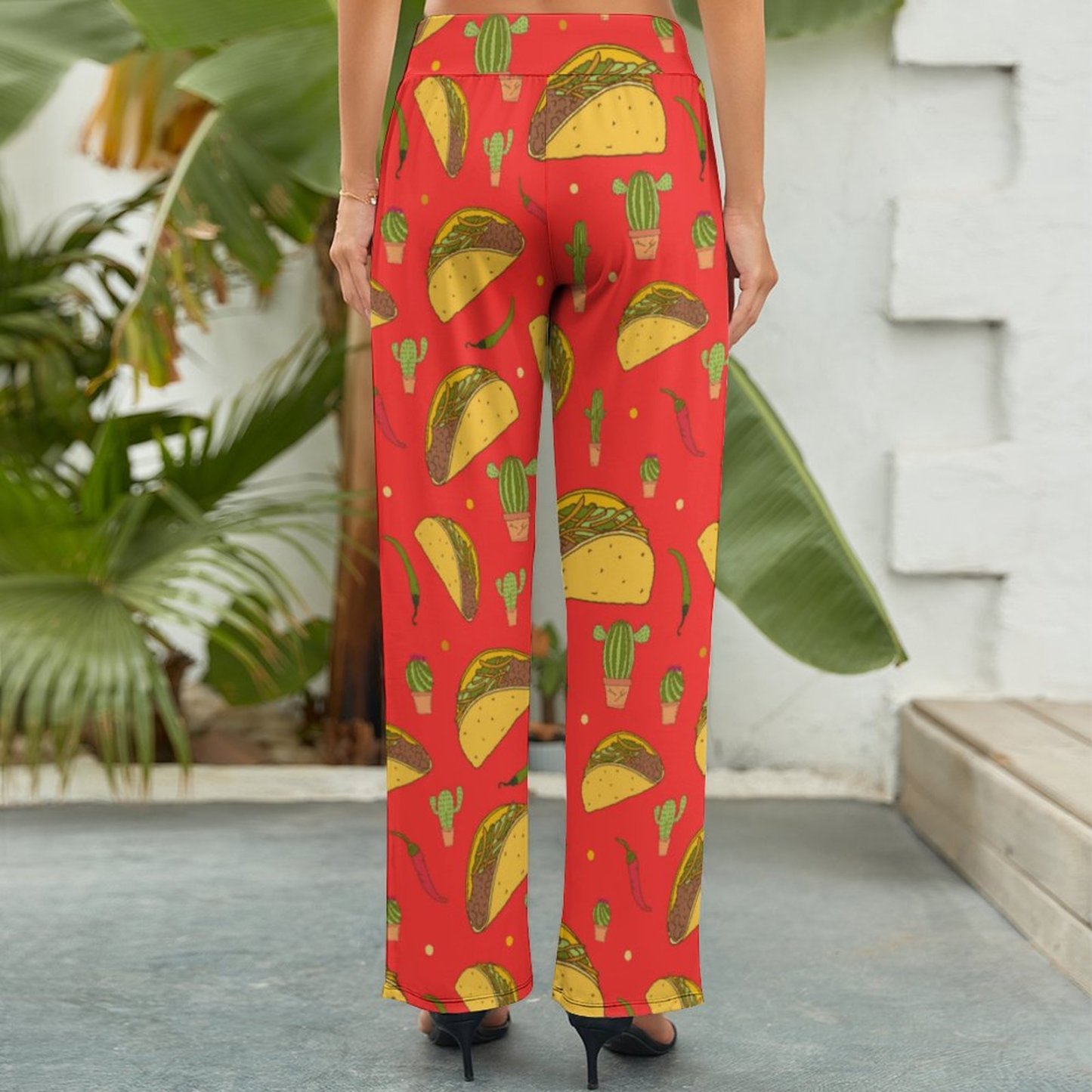 Mexican Tacos Chillies Printed Women's High Waist Wide Leg Long Palazzo Lounge Pants-Charlylifestyle