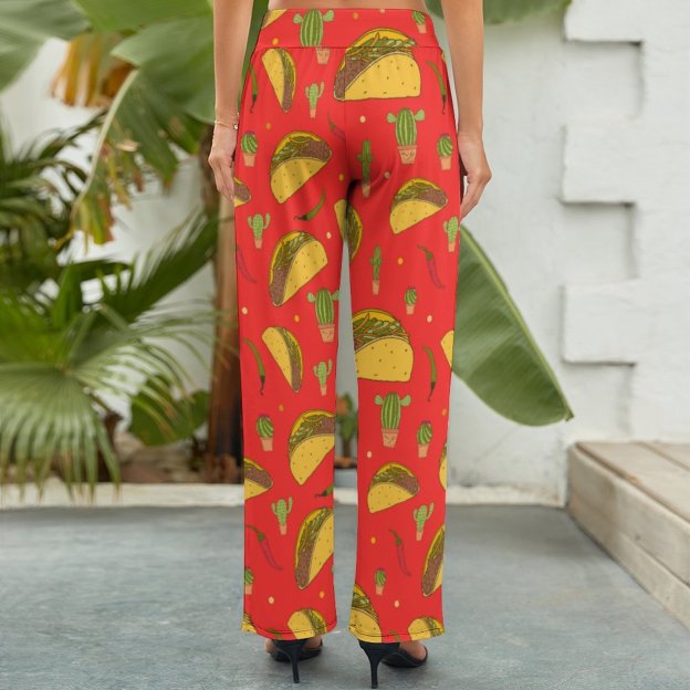 Mexican Tacos Chillies Printed Women's High Waist Wide Leg Long Palazzo Lounge Pants-Charlylifestyle