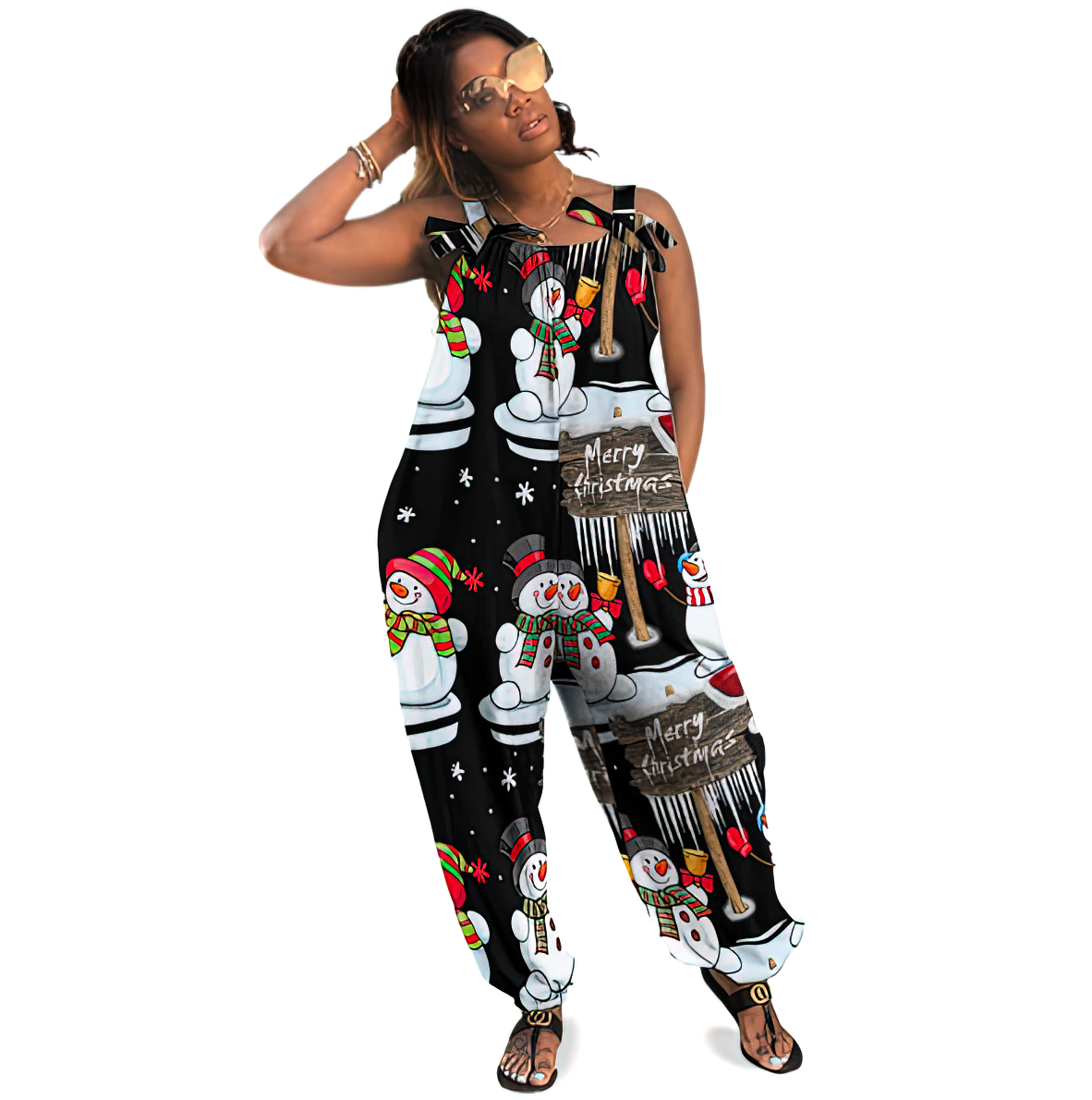 Personalized Women Merry Christmas Snowman Santa Hat Baggy Harem Overall Jumpsuit