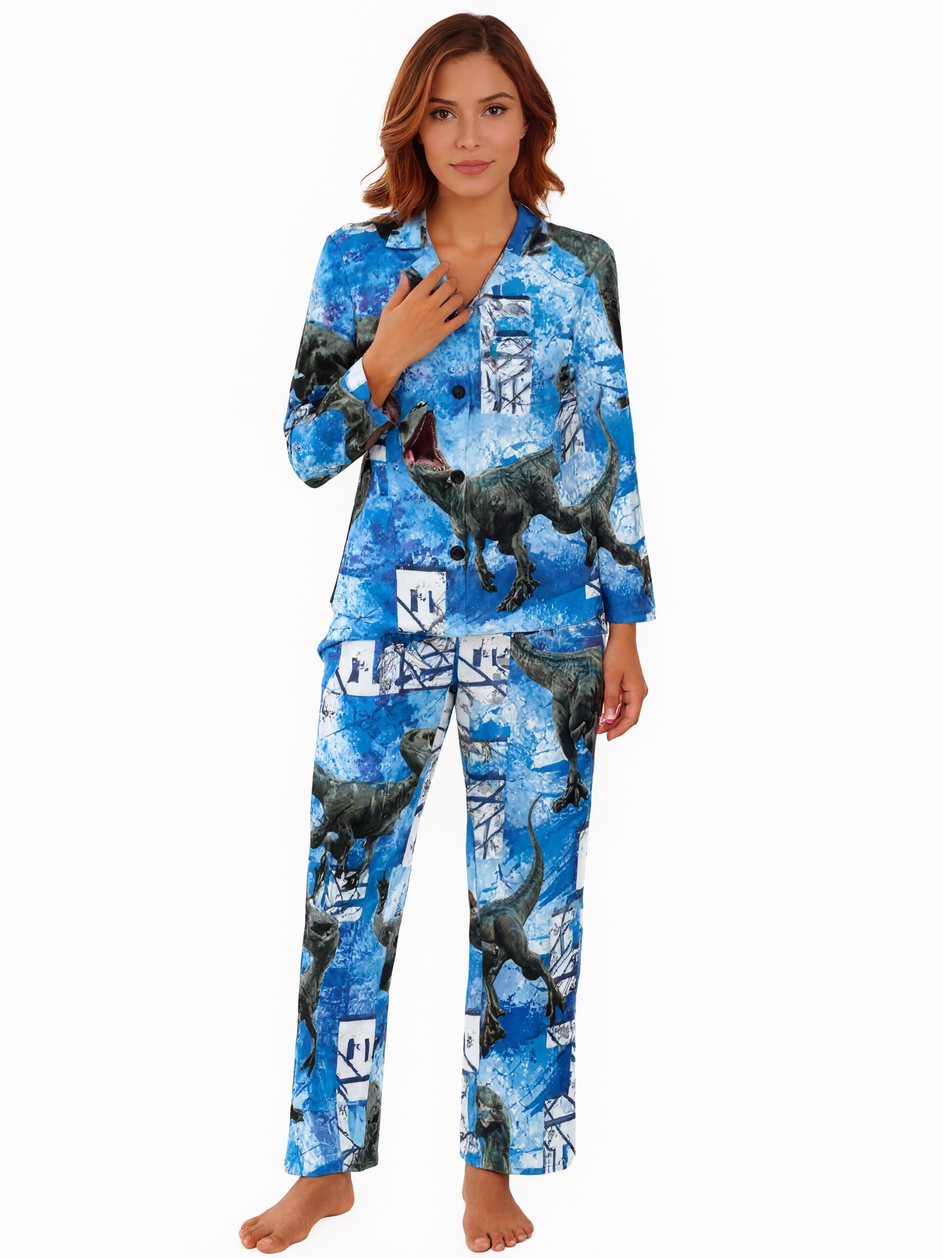 Jurassic World Blue Print Women Long Sleeve 2 Piece Sleepwear Casual Button Down Loungewear Pjs Set Nightwear S-XL