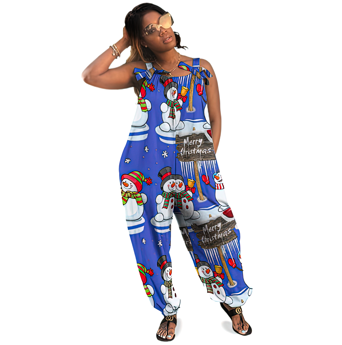 Personalized Women Merry Christmas Snowman Santa Hat Baggy Harem Overall Jumpsuit