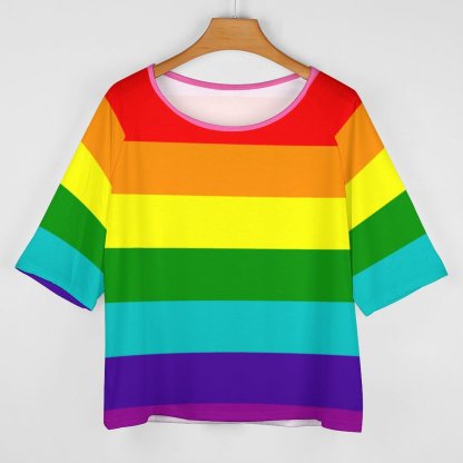 Summer Lgbt Rainbow Flag Original 8 Stripes 3/4 Bell Sleeve T-Shirt Elbow Length Basic Tunics Tops for Women-Charlylifestyle