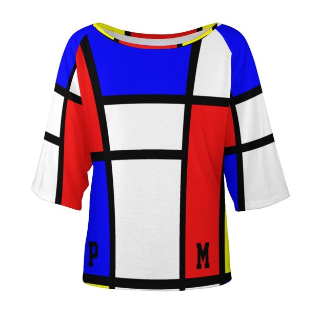 Initials Piet Mondrian Style Modern Art 3/4 Bell Sleeve T-Shirt Elbow Length Basic Tunics Tops for Women-Charlylifestyle