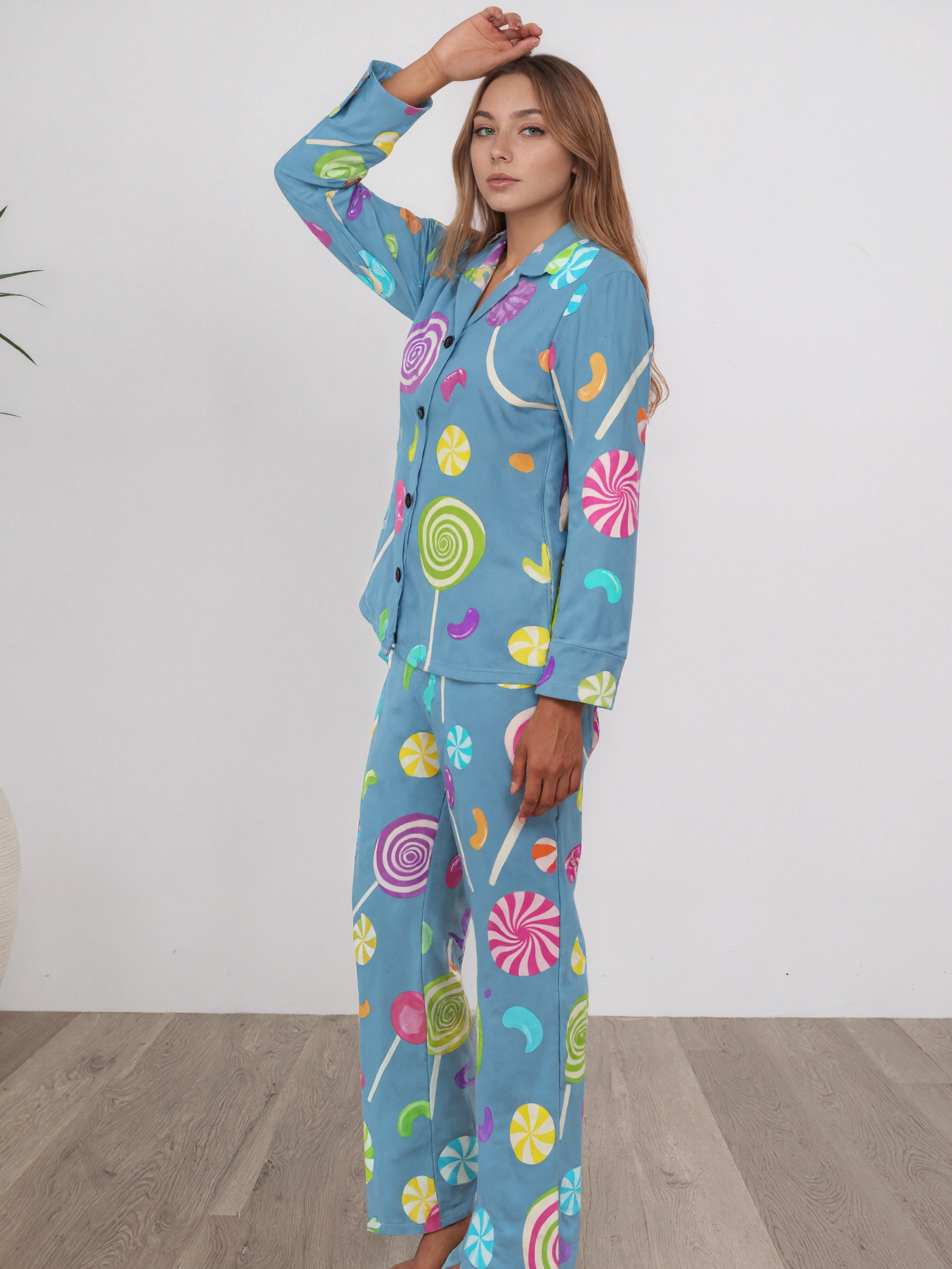 Funny Vintage Lollipop Candy Women Long Sleeve Two Piece Sleepwear Sof