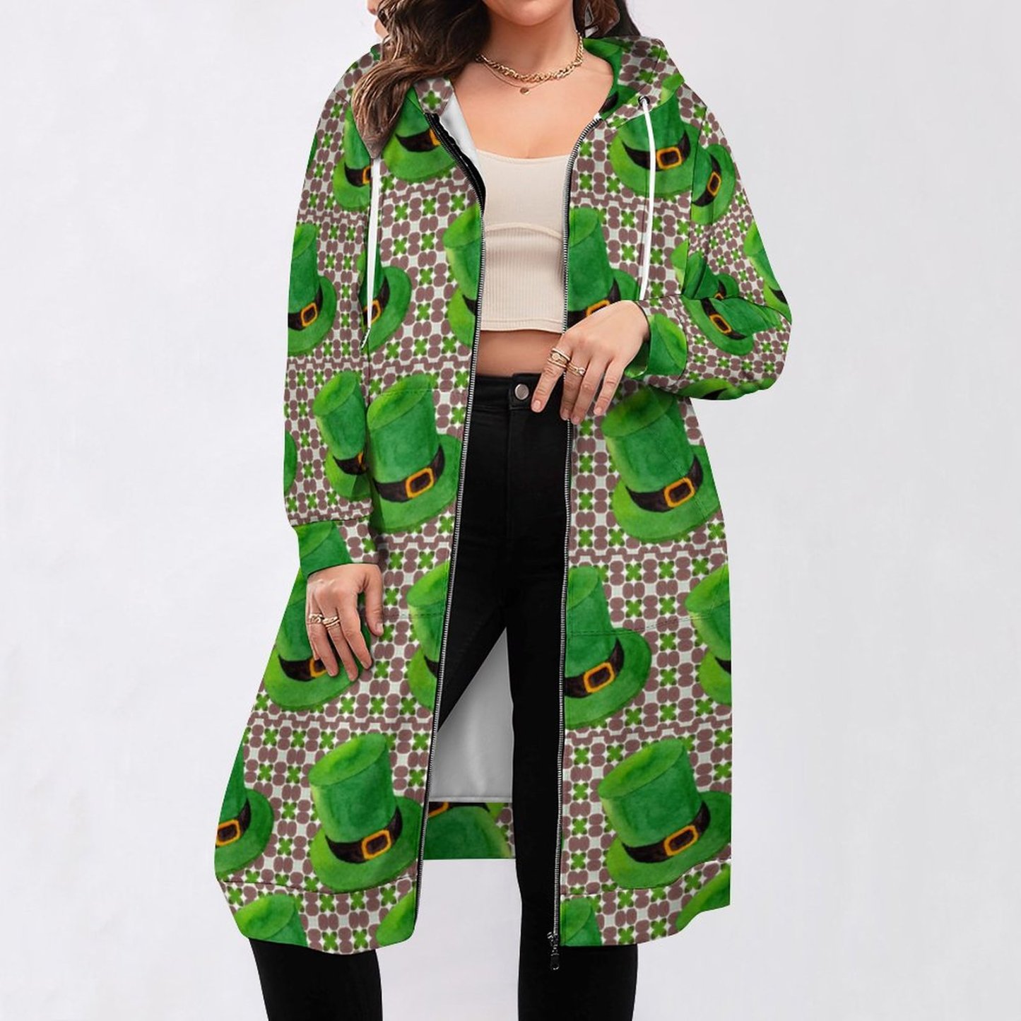 Leprechaun Hat St Patricks Day Irish Green Zip Up Long Hoodie Jacket Women Tunic Sweatshirt Plus Size Open Front Cardigan Outfits