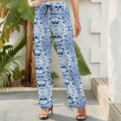 Summer Fall Indigo Blue Shibori Tie Dye Printed Women's High Waist Wide Leg Long Palazzo Lounge Pants-Charlylifestyle