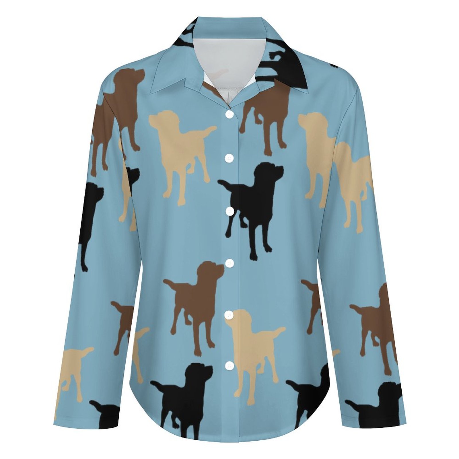 Labrador Retriever Dog Silhouette Button Down V Neck Shirts Long Sleeve Blouse Roll Up Cuffed Sleeve Casual Shirt Tops