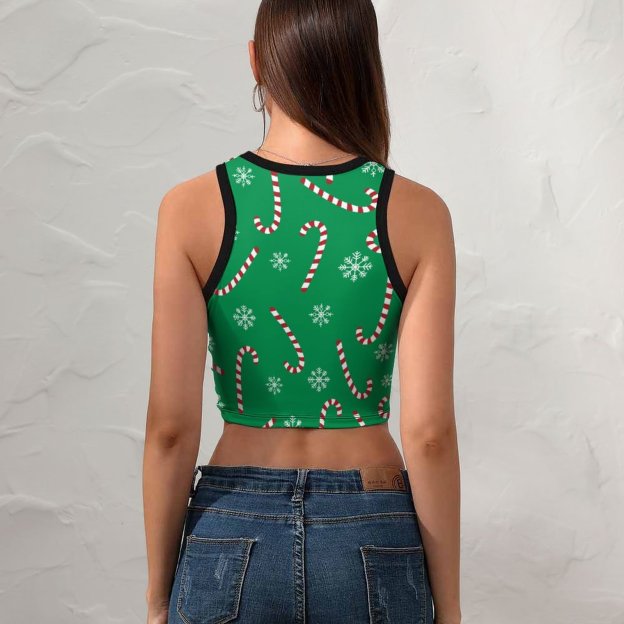 Women Summer Modern Christmas Holiday Candy Cane Snow Crew Neck Crop Tank Basic Sleeveless Hippie Boyfriend Style Tee Tops-Charlylifestyle